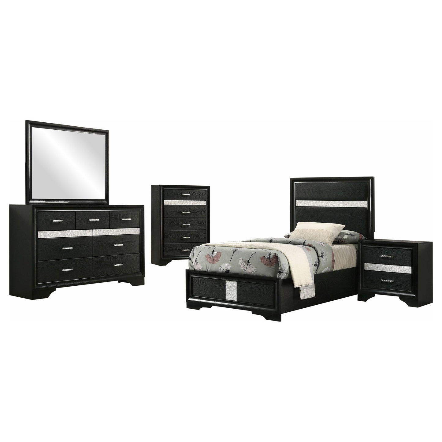 Modern Bedroom Set With Upholstered Headboard And Textured Storage