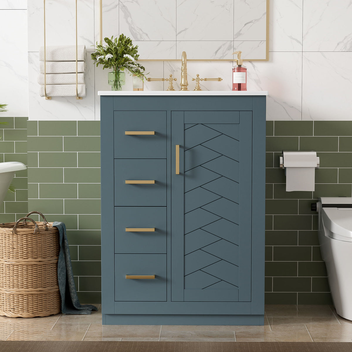 Bathroom Vanity With Integrated Sink, Rectangular Cabinet With 1 Door And 3 Drawers