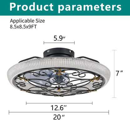 20" Caged Ceiling Fan With Remote Control And Crystal Sand Lampshade - Matte Black