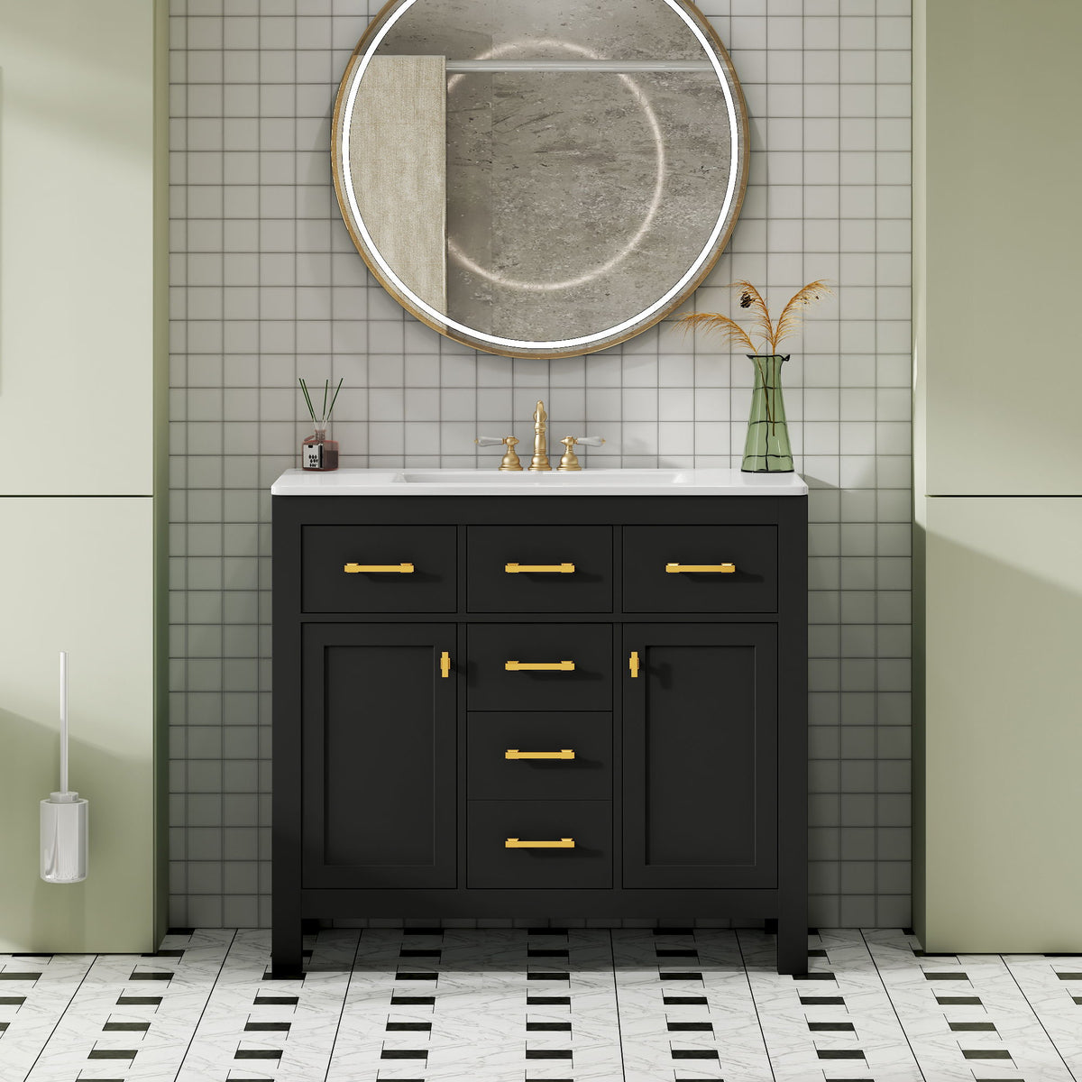 Freestanding Bathroom Vanity With 4 Drawers & 2 Cabinets, Frame Storage Cabinet Only