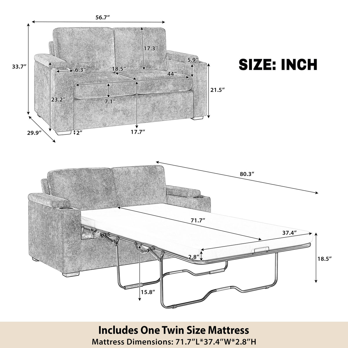 Pull Out Sofa Bed Loveseat With Twin Mattress, Cup Holders And Arm Storage