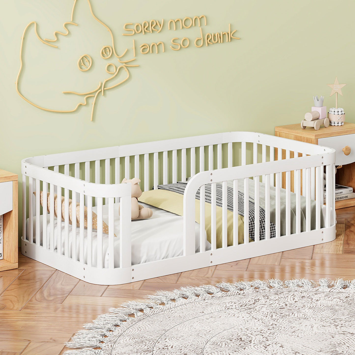 Wood Floor Bed Frame With Fence