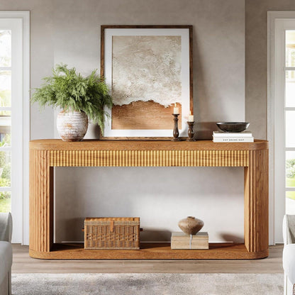 Narrow Fluted Console Table With Storage For Entryway - Brown