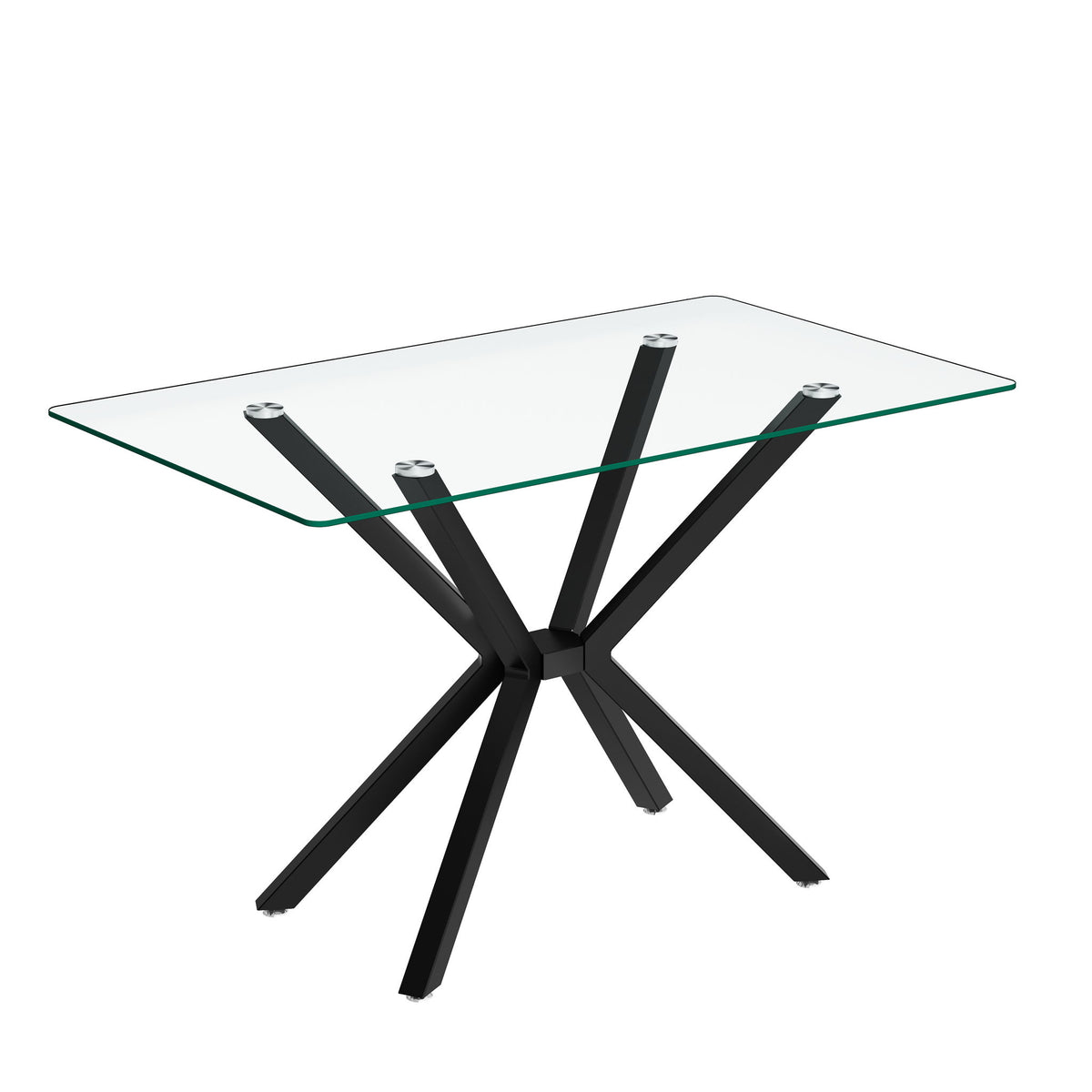 Rectangular Clear Tempered Glass Dining Table, Stylish Design With Plated Metal Legs