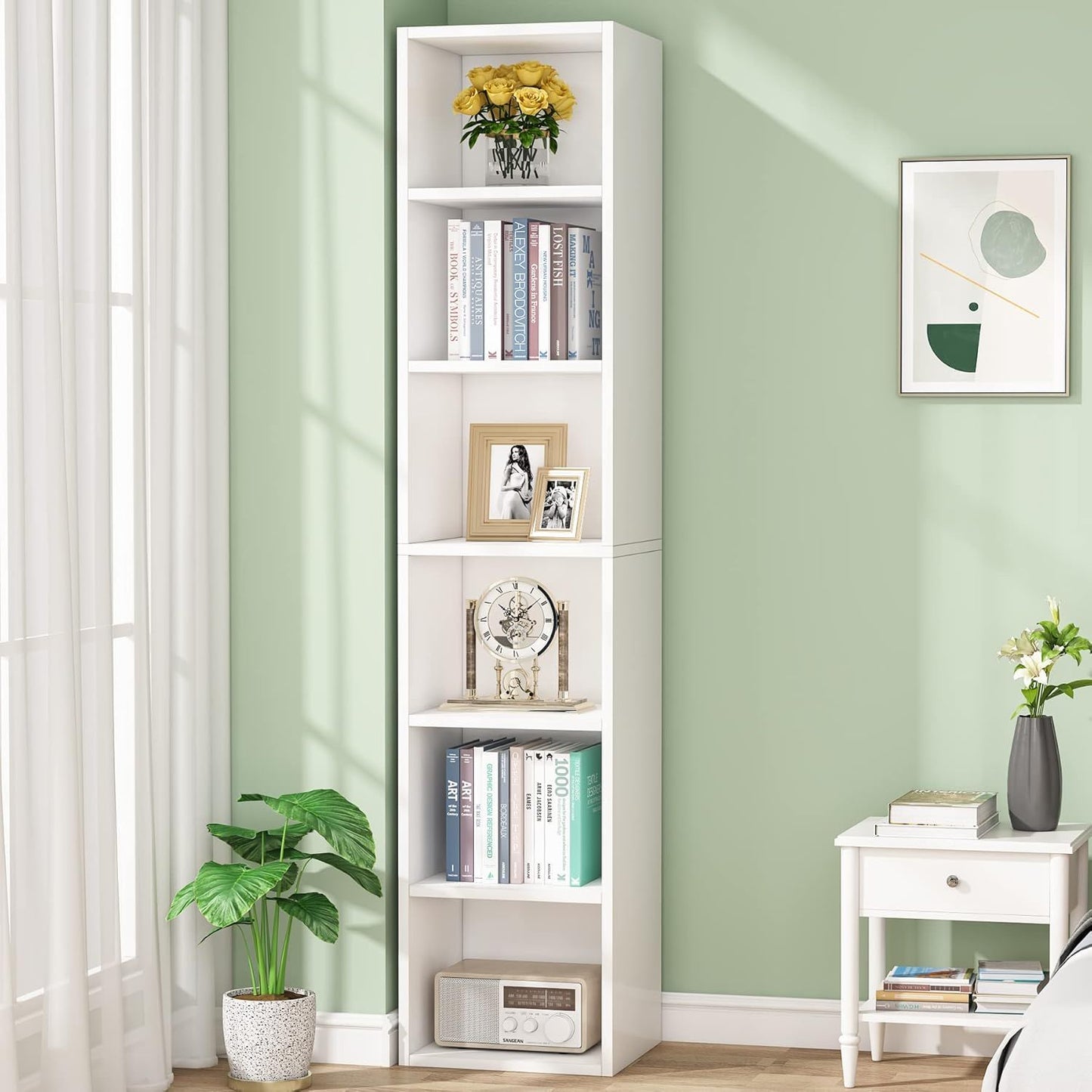 6 Tier Narrow Corner Cube Bookcase Storage, Freestanding Shelf With Open Cubes For Living Room
