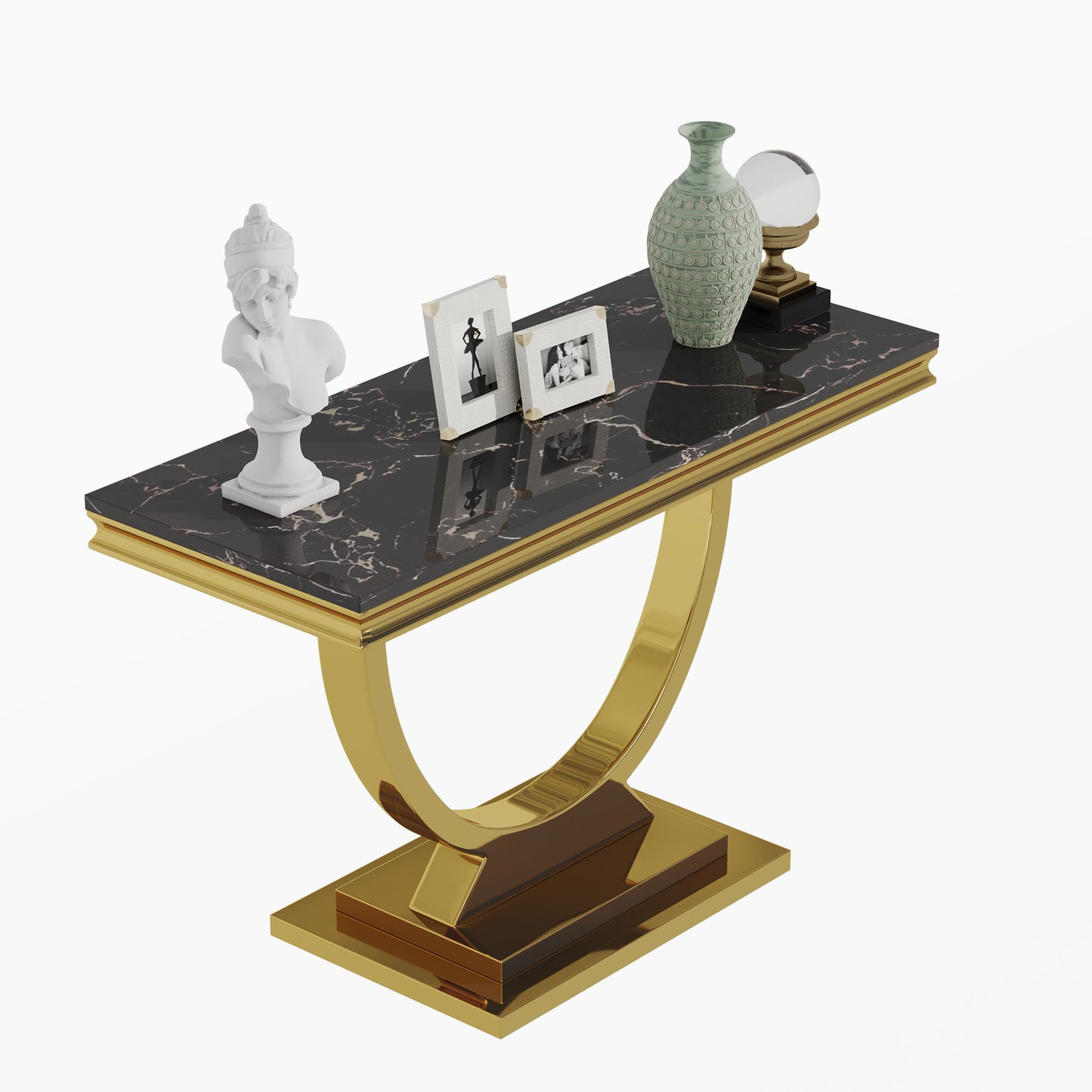 Modern Rectangular Marble Printing Console Table, U Shape Stainless Steel Base - Black