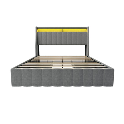 Bed With LED Lights, 4 Drawers, Winged Headboard Upholstered