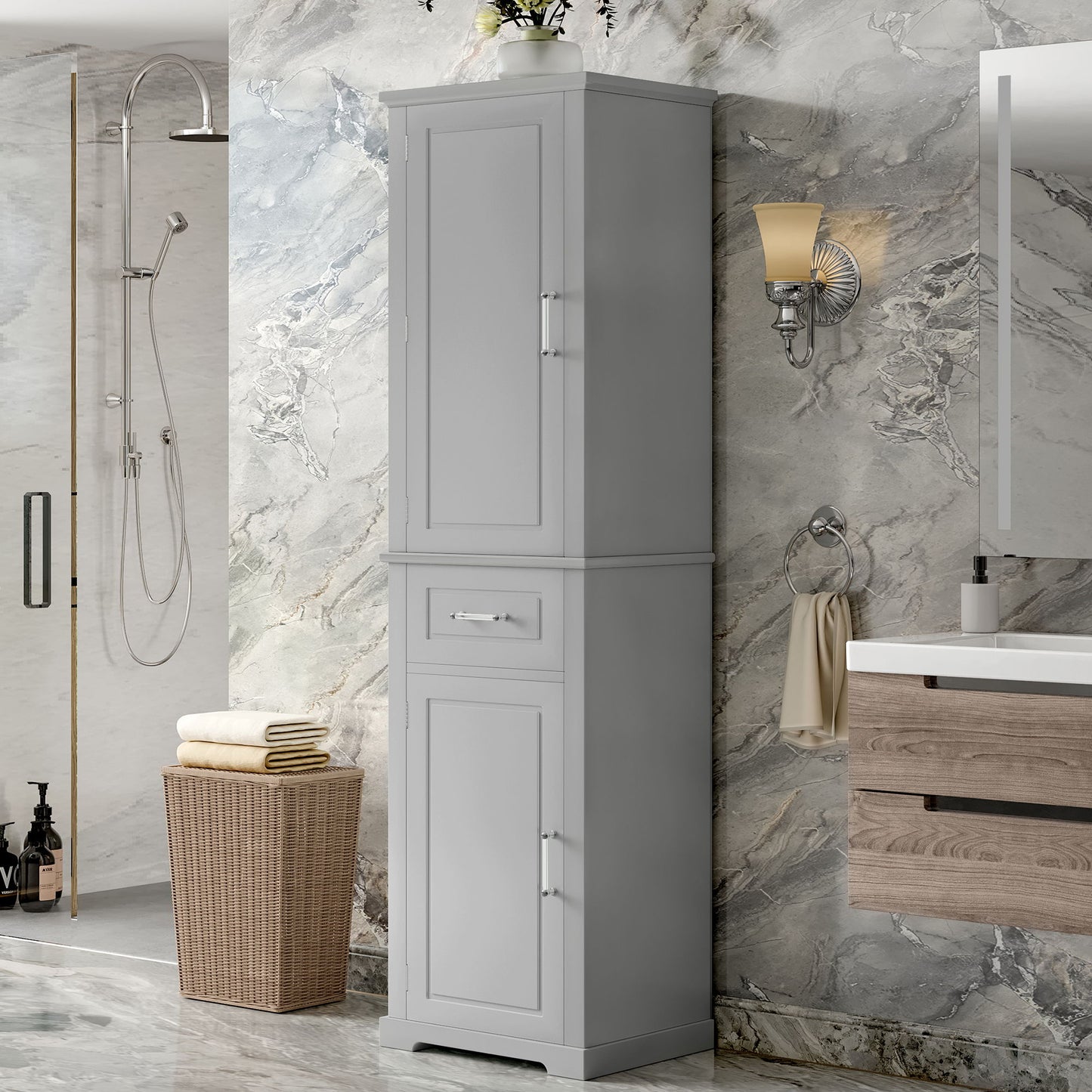 Tall Freestanding Bathroom Storage Cabinet With Adjustable Shelf, 2 Door Design