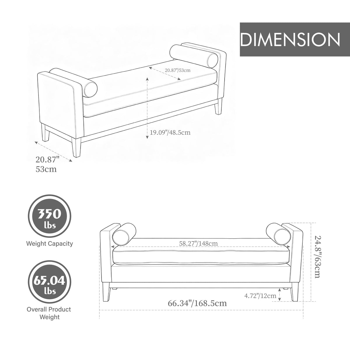 Upholstered End Of Bed Bench With Arms, 2 Bolsters For Bedroom - Ivory