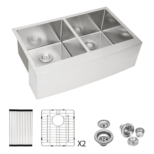 Double Bowl Farmhouse Sink, Stainless Steel Apron Front Kitchen Sink 16 Gauge - Brushed Nickel