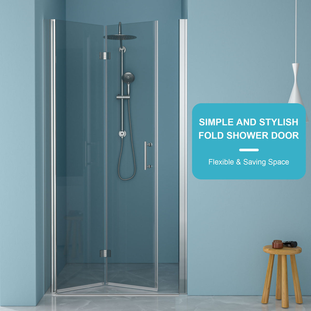 Fold Frameless Shower Door With Tempered Glass - Chrome