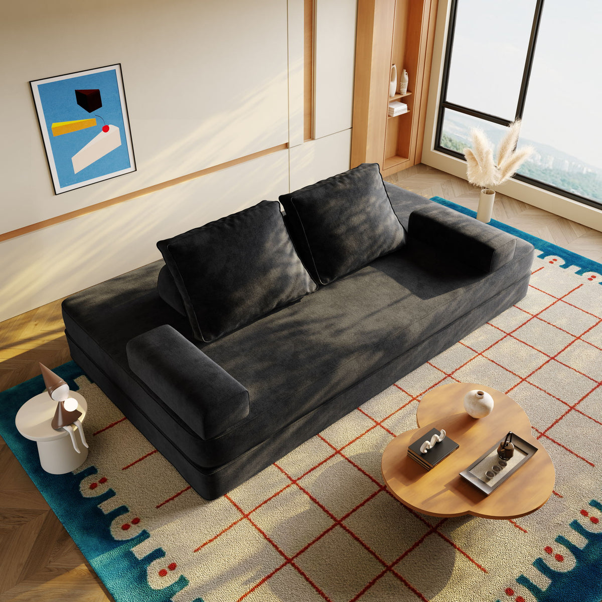 Multifunctional Convertible Sofa Bed With 2 Tumbler Backrests And 2 Pillows, Deep Seat Couch