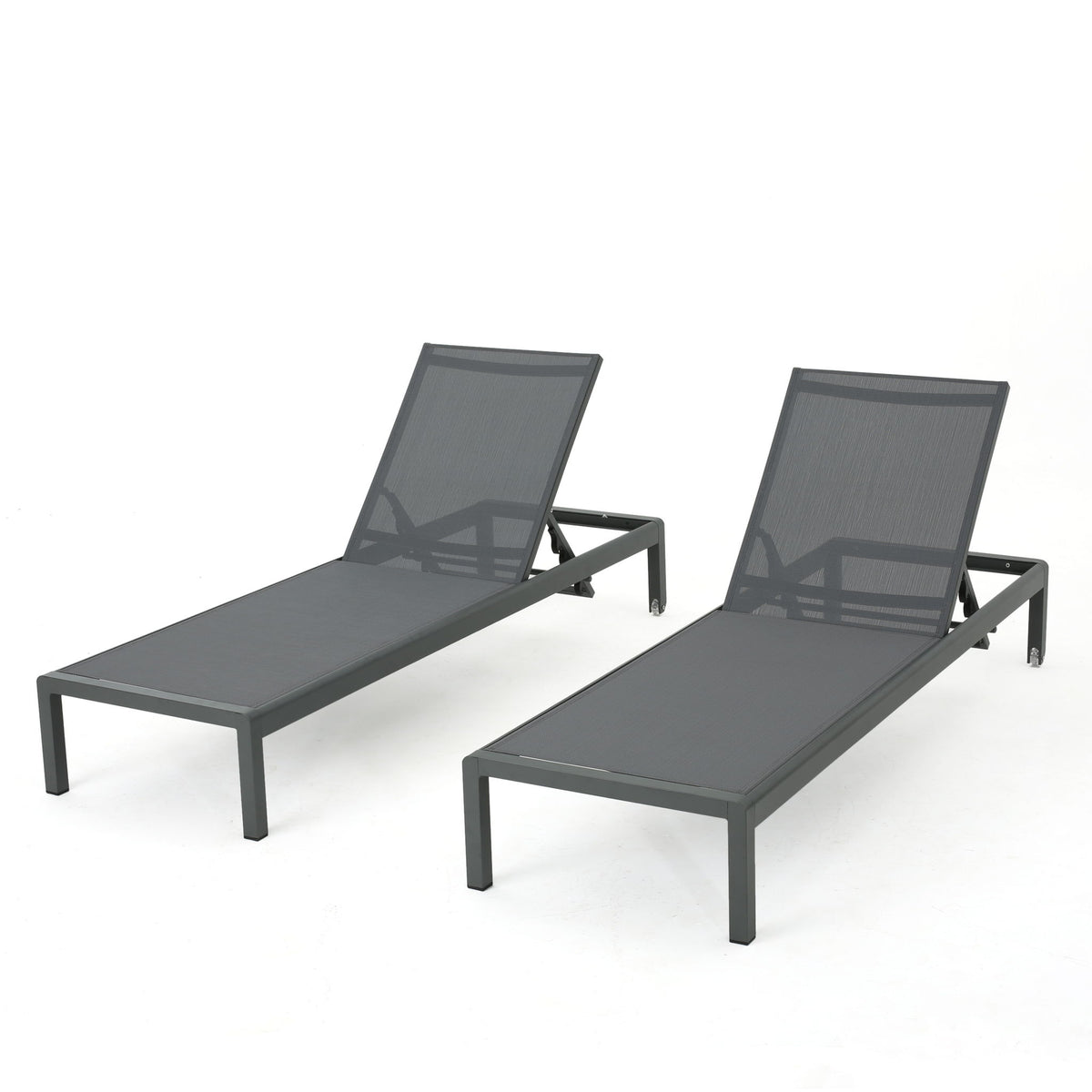 Outdoor Chaise Lounge, Patio Chaises With 5‑Position Adjustable Backrest & Wheels (Set of 2) - Dark Gray / Gray