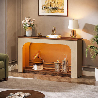 2 Tier Narrow Console Table With LED Lights For Entryway - Brown