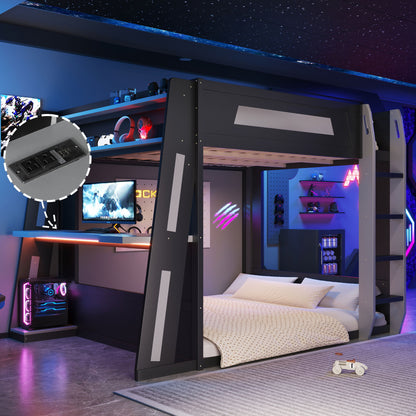 Gaming Bunk Bed With Desk, 2 Storage Shelves, USB And LED Light