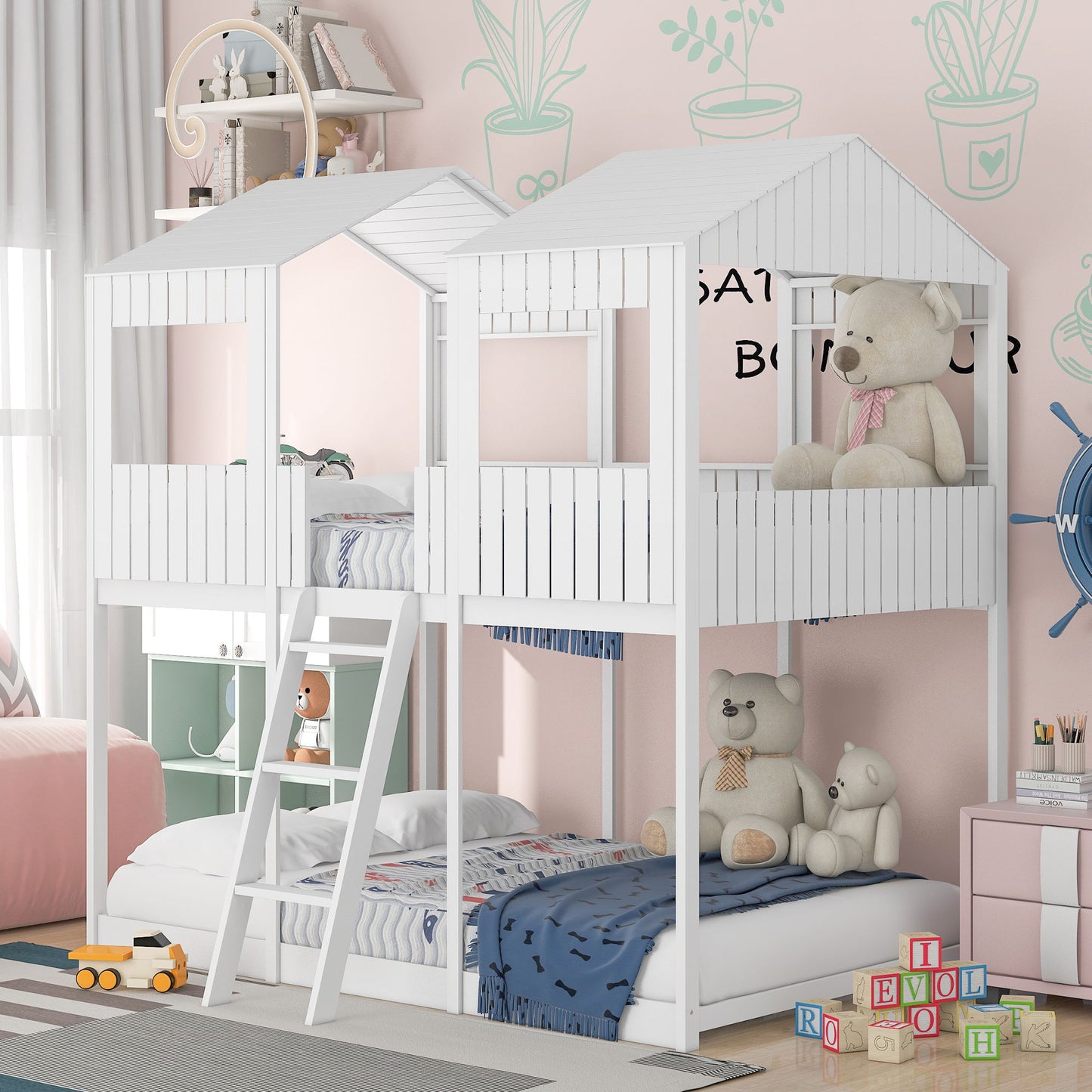 Bunk Bed With Roof, Window, Guardrail, Ladder