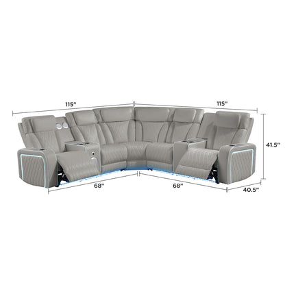 Electra - Power Recliner Sectional Sofa With Power Headrests, Console Loveseats, Wedge, LED Light Strip, Speakers