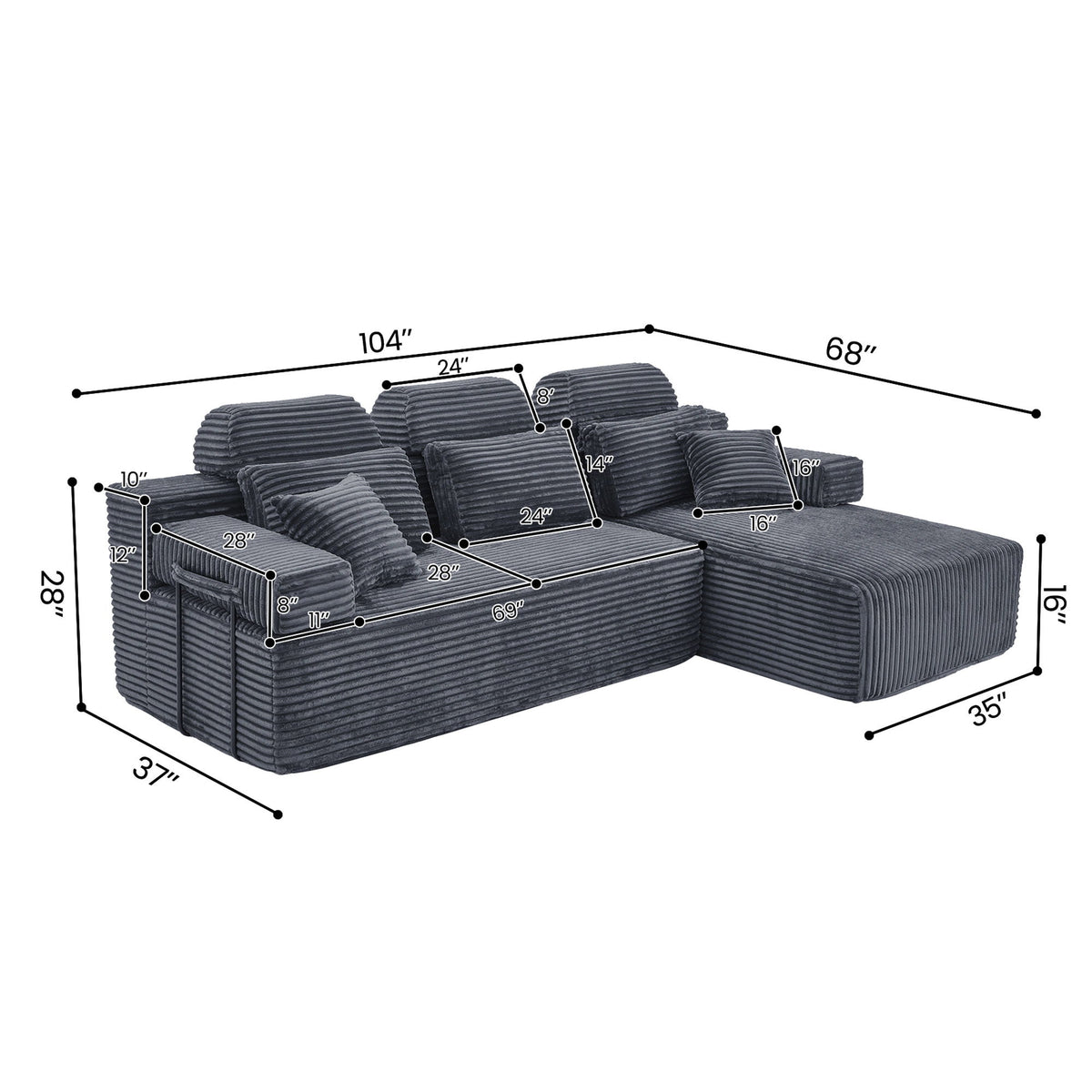 Sectional Sleeper Sofa & Storage Pockets, Modular Couch With Throw Pillows For Living Room