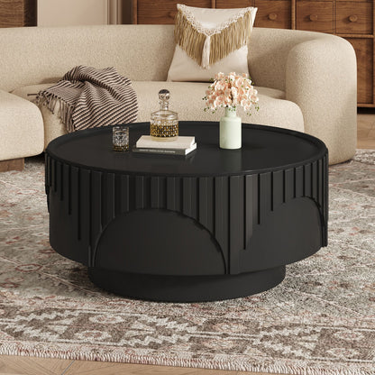 Round Fluted Drum Coffee Table With Sturdy Base For Living Room