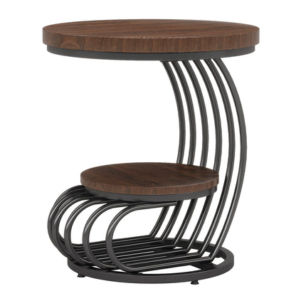 Round Vintage End Table With 2 Tier Storage
