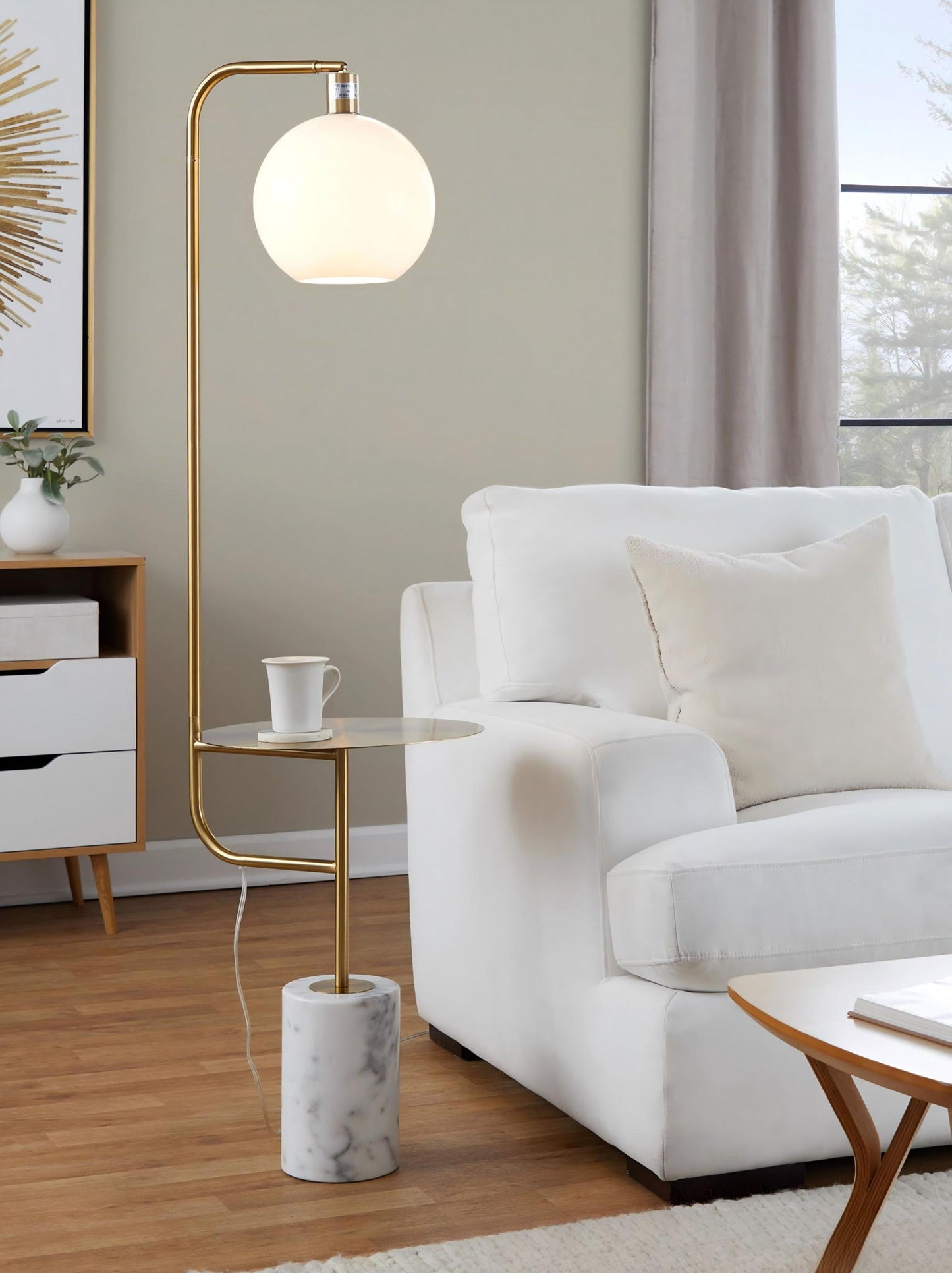 Symbol - Contemporary / Glam Floor Lamp Side Table - White Marble