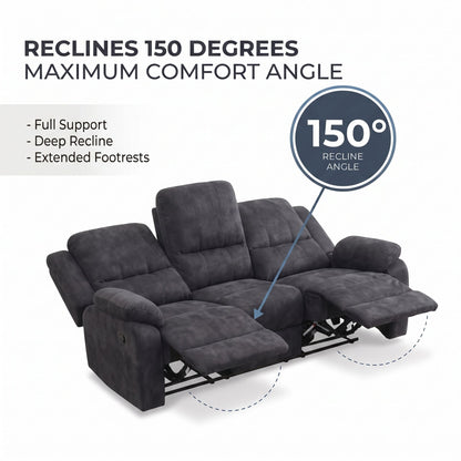 3 Seater Manual Recliner Sofa With 150° Recline, 2 Adjustable Side Seats, Extended Footrest, Oversized Seating For Living Room - Dark Gray