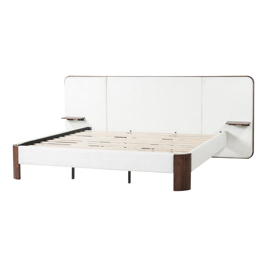King Upholstered Platform Bed Frame With Curved Headboard, Built-In Floating Shelves, Wood Slats And Metal Support - White & Brown