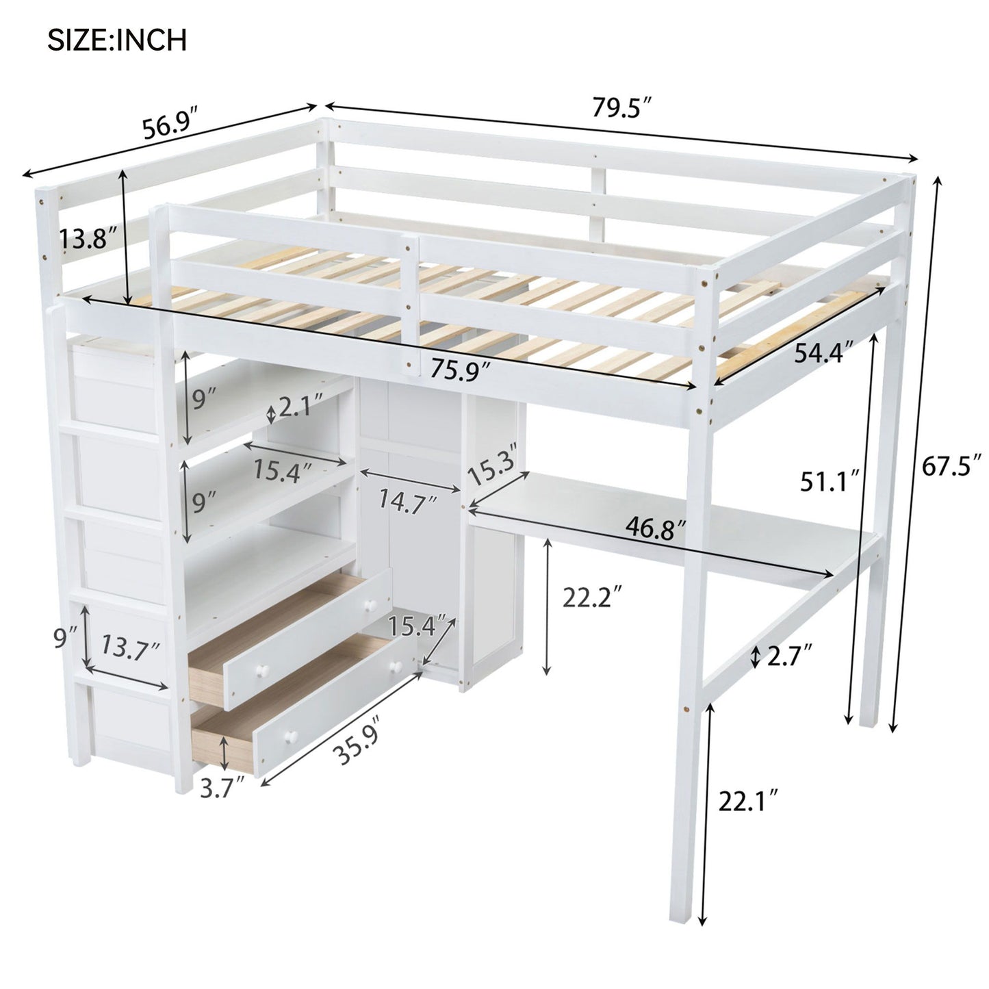 Loft Bed With Built In Wardrobe, Desk, Shelves And Drawers