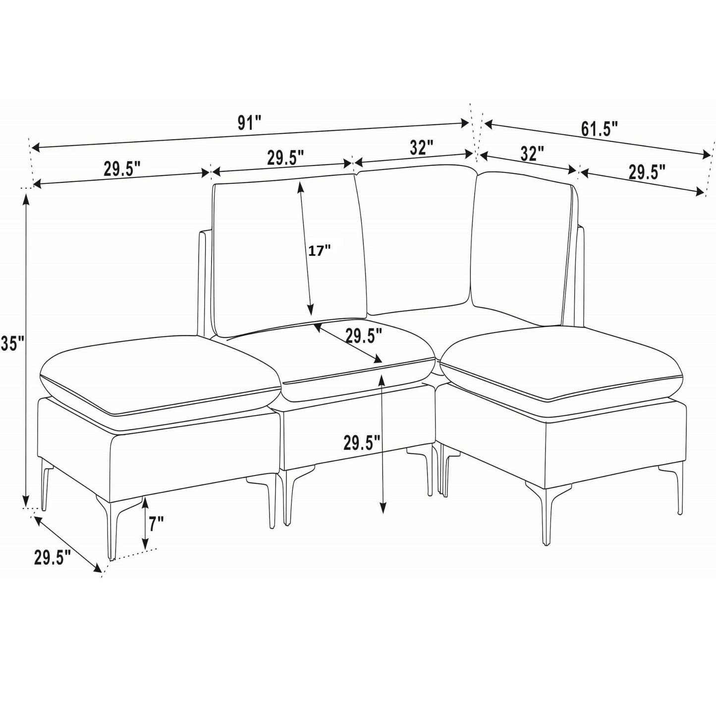 Upholstered Modular Sectional With Tall Legs, Medium Firm Seat