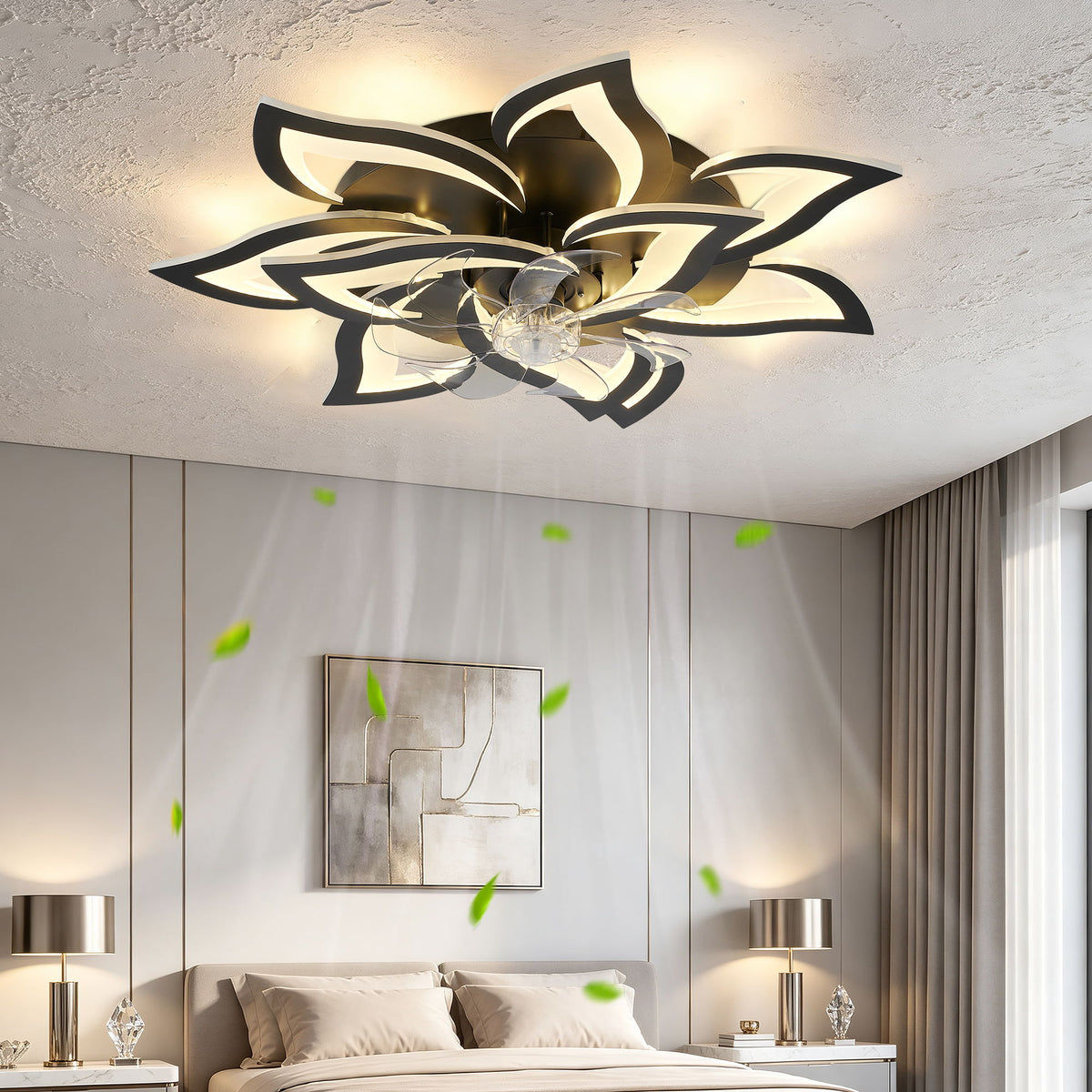 32" Flower Ceiling Fan With LED Dimmable Light, Low Profile Flush Mount Fan With Remote Control, 6 Speeds