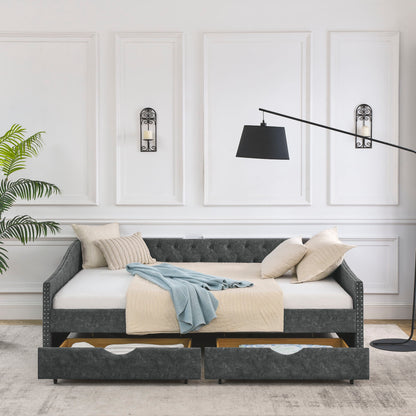 Upholstered Tufted Daybed With 2 Drawers, Waved Arms