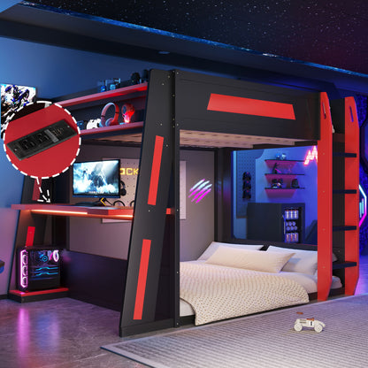 Gaming Bunk Bed With Desk, 2 Storage Shelves, USB And LED Light