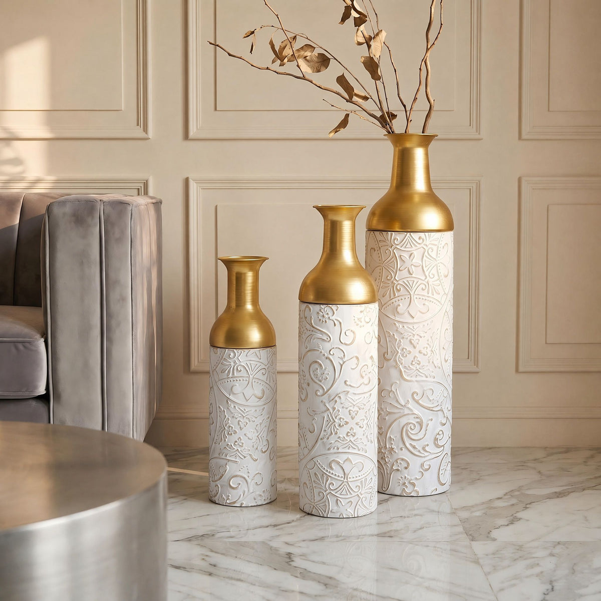 Floor Vases, Tall Home Decor Vases (Set of 3) - White / Gold