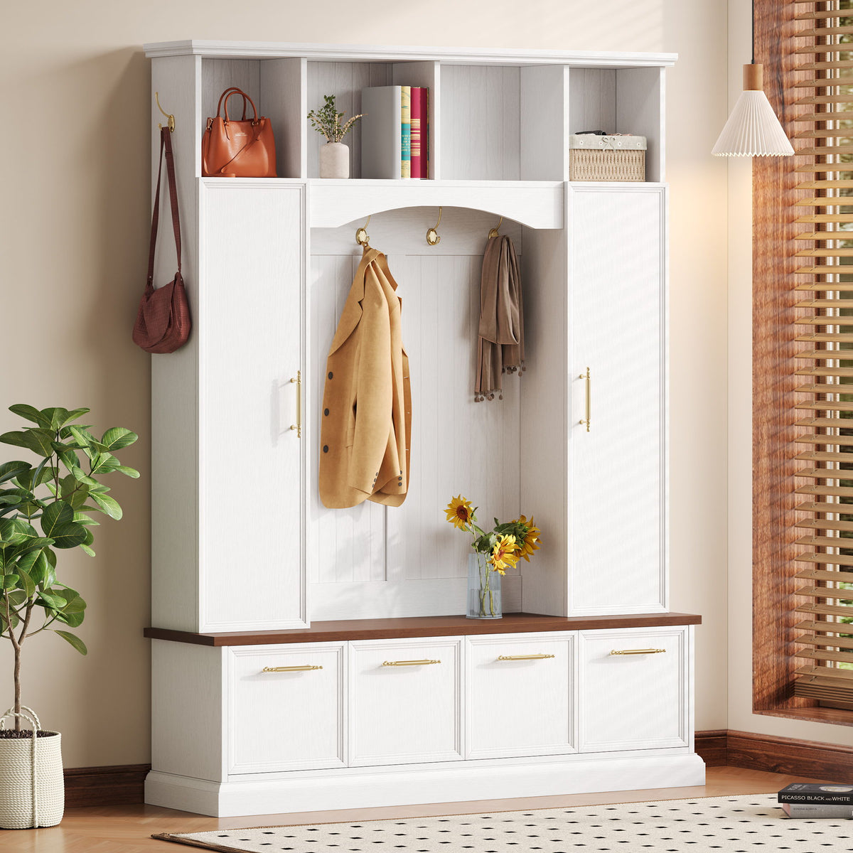 4 In 1 Hall Tree With Hooks & Handles, Adjustable Shelves, Coat & Shoe Rack For Mudroom