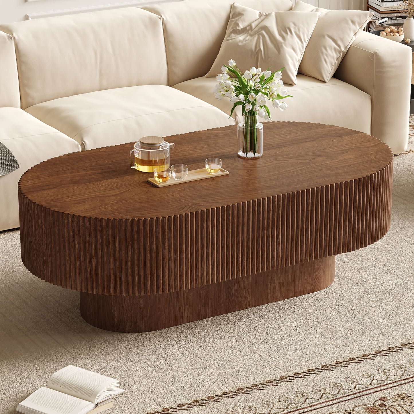 Oval Coffee Table With Thick Tabletop For Living Room