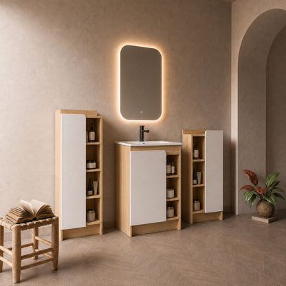 24" Bathroom Vanity With Sink & Tall And Low Side Cabinets, Vanity Set With Thin Edge Sink & Interchangeable Door Panels, 3 Piece Bathroom Storage Set - Black / Light Oak / White