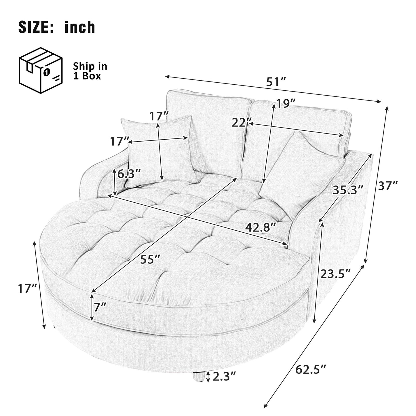 Modern Chaise Lounge Upholstered Sofa Couch With Tufted Seat And Detachable Pillows For Living Room