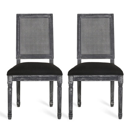 French Country Dining Chair With Rectangular Cane Backrest And Smooth Upholstered Seating