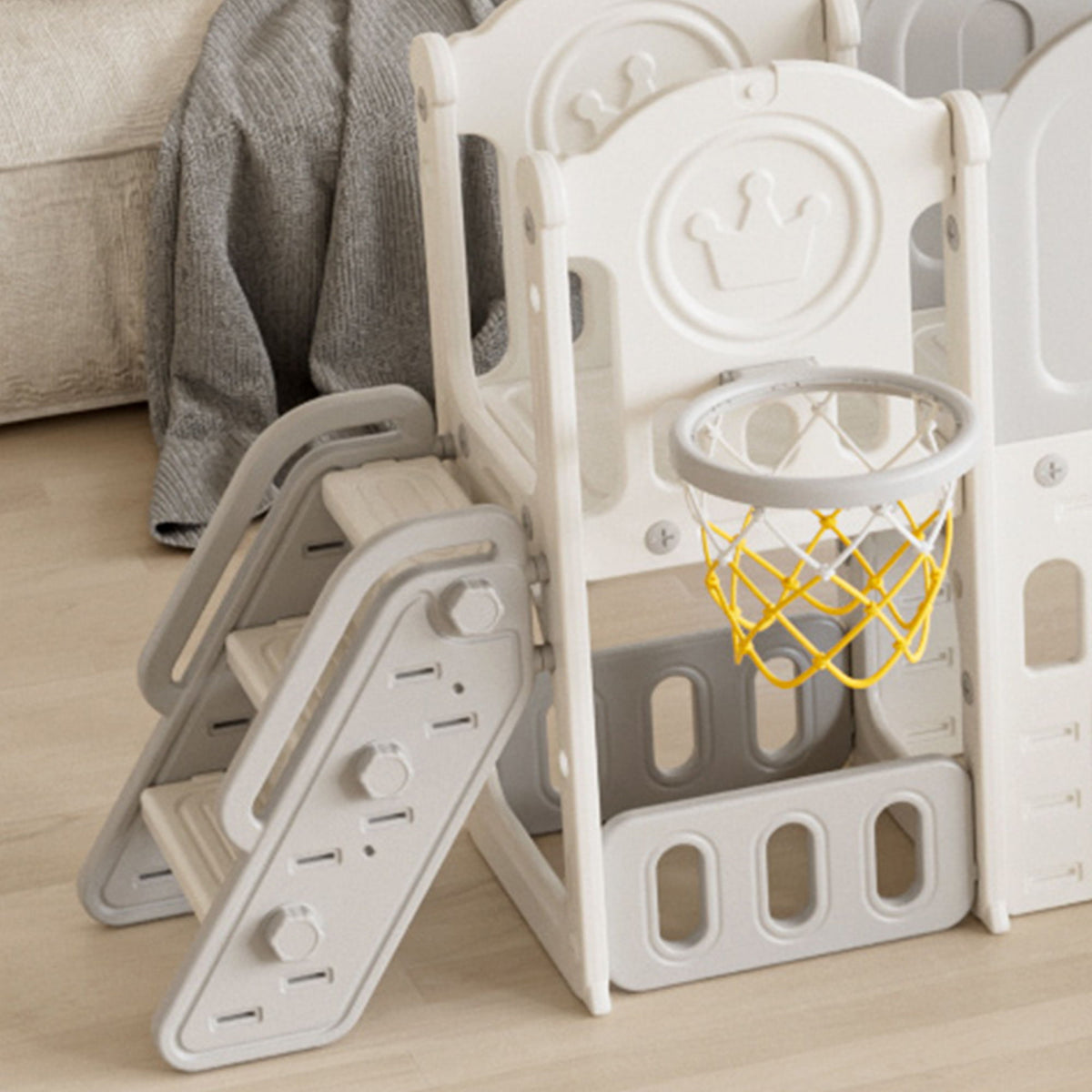 Toddler Slide, 11 In 1 Indoor Outdoor Playground With Basketball Hoop - Gray / Ivory