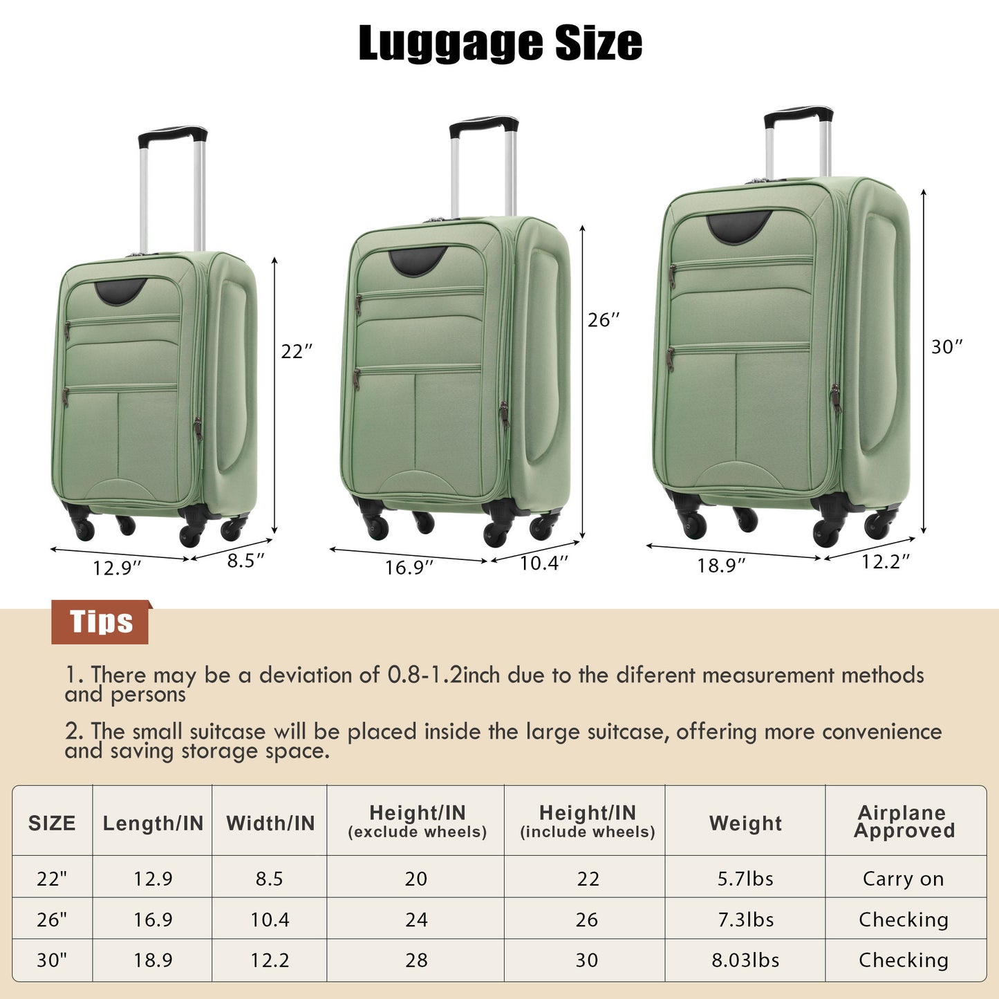 Softside Luggage Expandable 3 Piece Set Upright Spinner Lightweight Suitcase