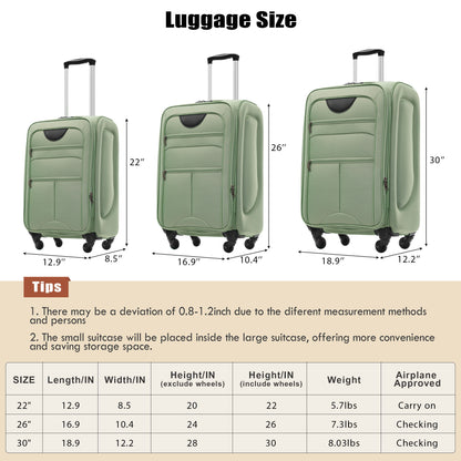 Softside Luggage Expandable 3 Piece Set Upright Spinner Lightweight Suitcase