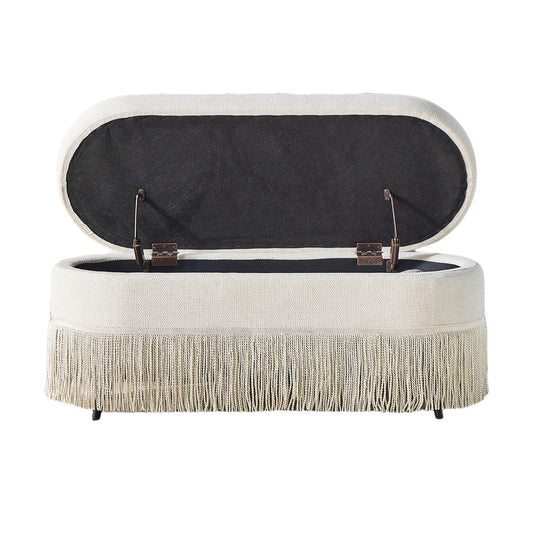 Oval Upholstered Storage Ottoman With Fringe Trim & Lift Top Lid