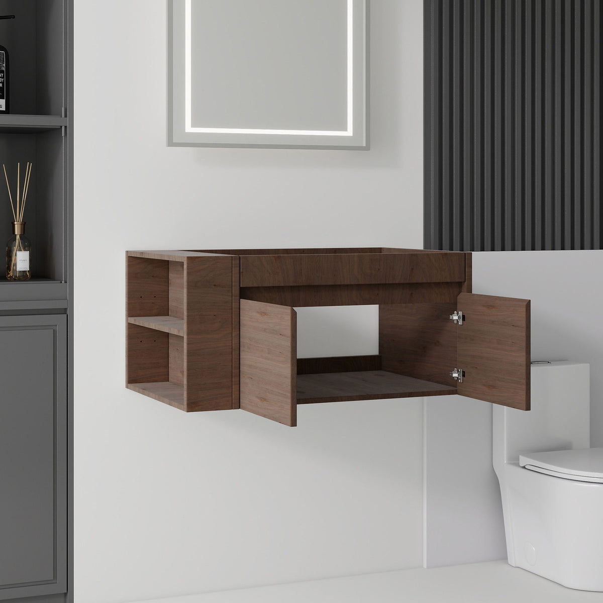 Floating Bathroom Vanity Cabinet, Soft Close Double Drawers, Open Side Storage, Wall Mounted, Cabinet Only