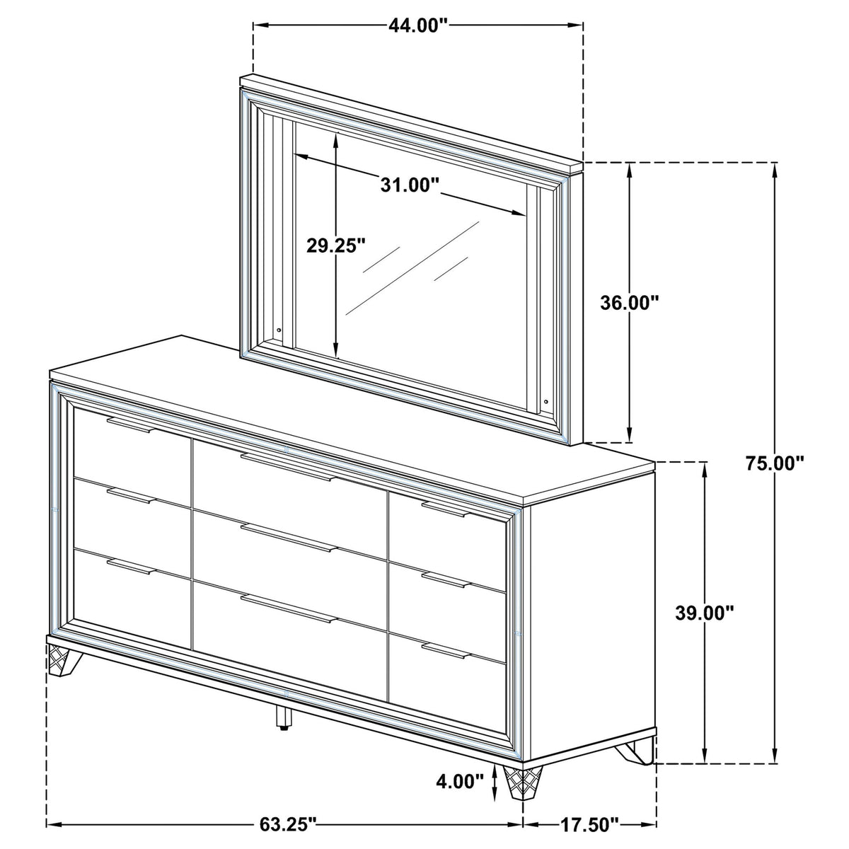 9 Drawer Dresser With LED Mirror, Touch Activated Lighting - White