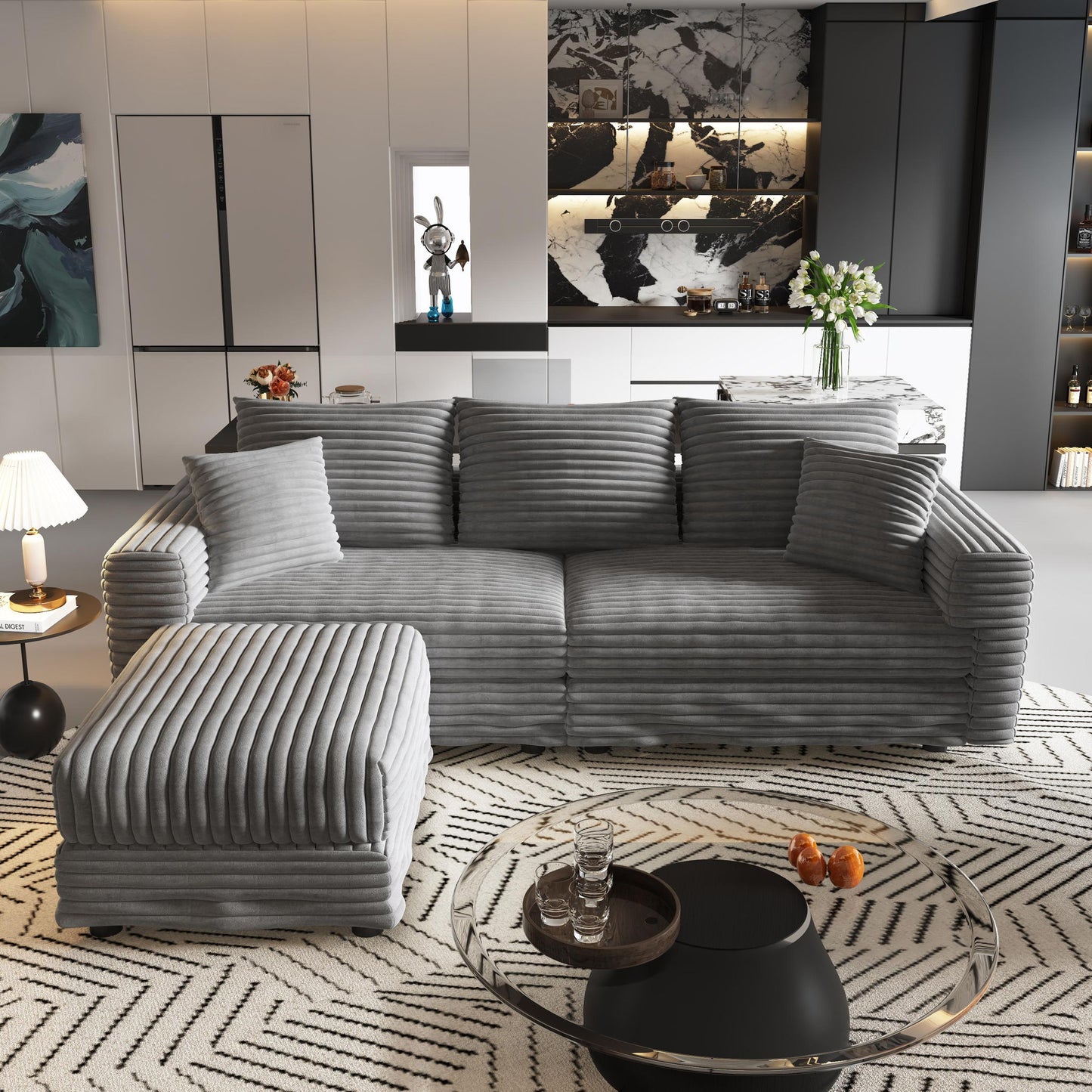 Convertible Deep Seat Sofa With Soft Pillows And Ottomans