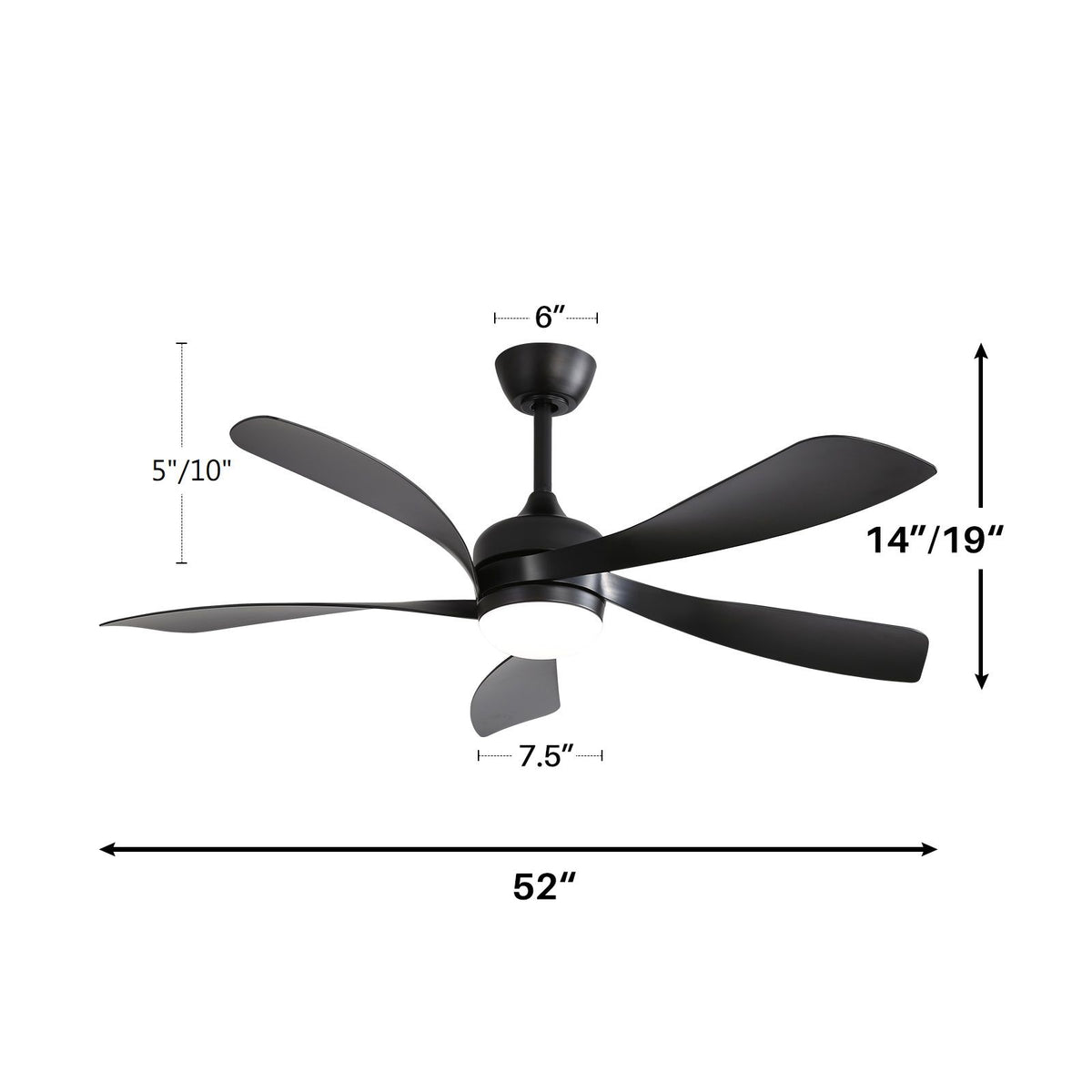 52" Ceiling Fan With 3 Color Dimmable LED Light, 5 Blades, Remote Control, Reversible DC Motor