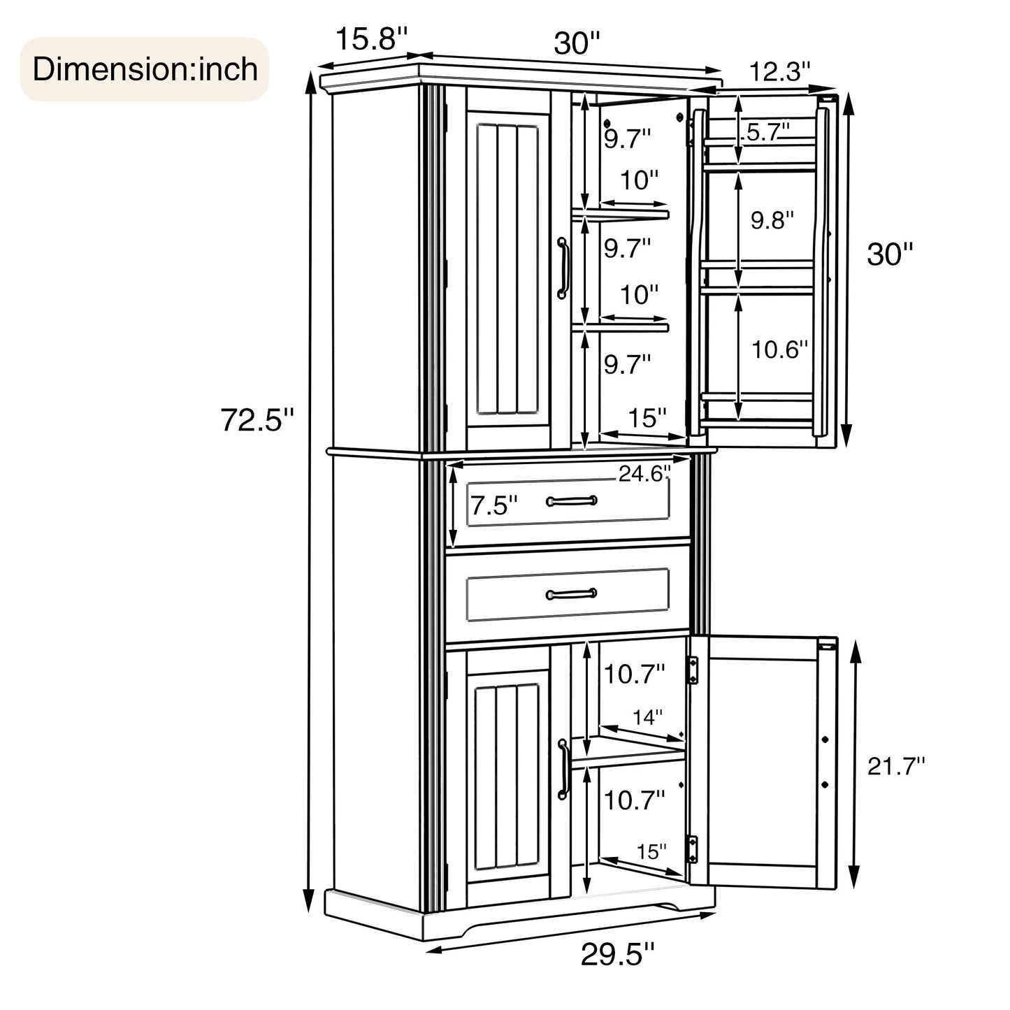 Multi Functional Storage Cabinet With Adjustable Shelves, 2 Drawers, Door Shelves