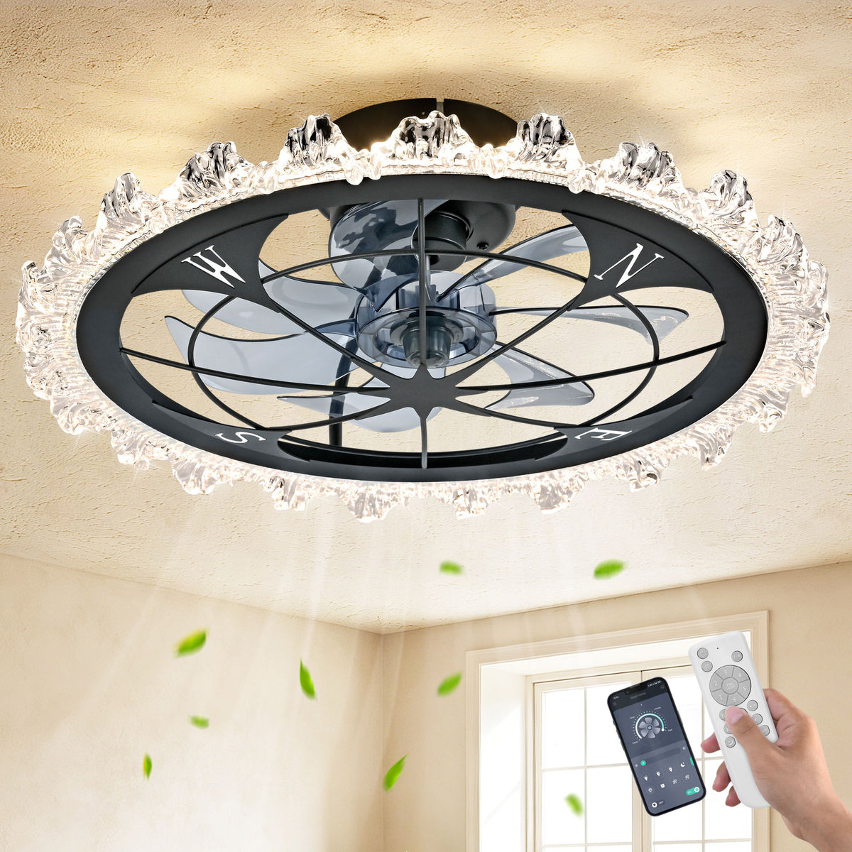 Caged Ceiling Fan With Remote Controlled Dimmable LED Lights, Flush Mount Fan, Low Profile Design - Matte Black