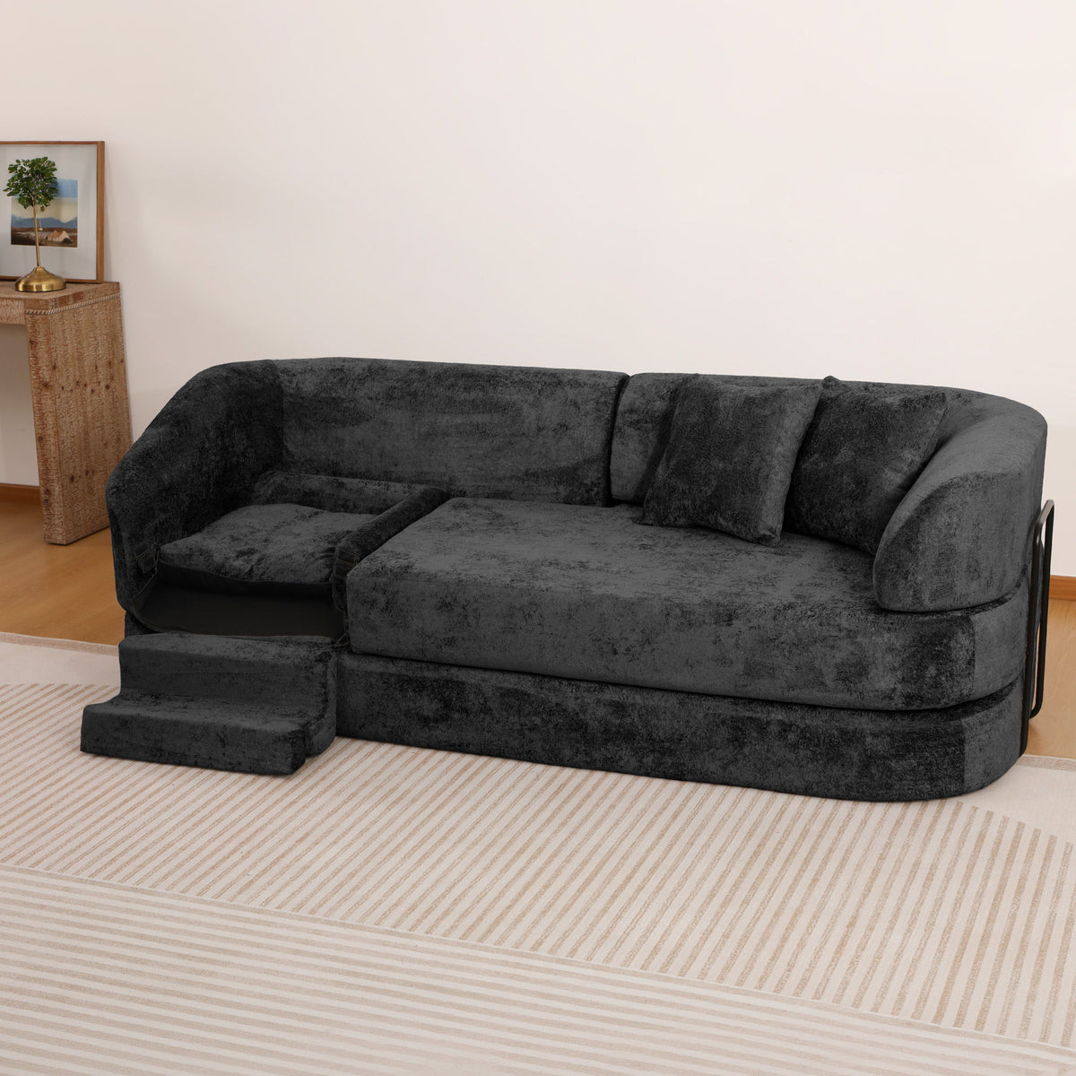 3 Seater Sofa With Built In Pet Bed Nook, Curved Design And 2 Throw Pillows