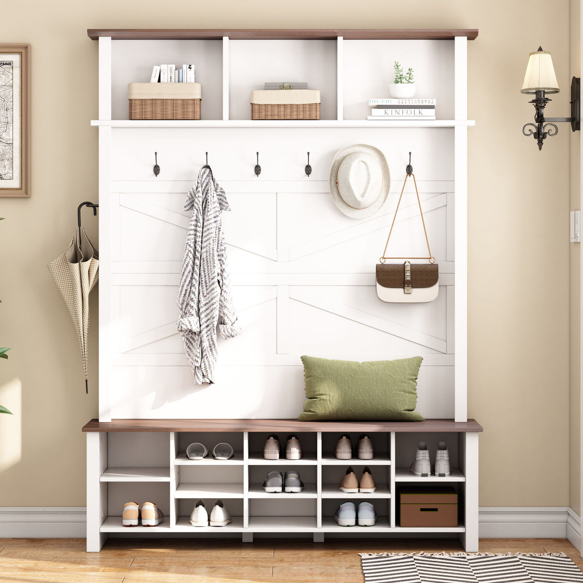 4 In 1 Hall Tree With 6 Hooks, Entryway Bench With Adjustable Shelves - White
